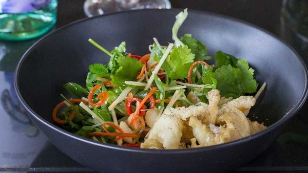 Salt and pepper Balmain bugs with coriander, macadamia and ginger salad