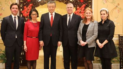 Prince Andrew, Sarah Ferguson, Princess Beatrice, Edoardo Mapelli Mozzi with Chinese Ambassador to the UK Liu Xiaoming and his wife celebrating Chinese New Year