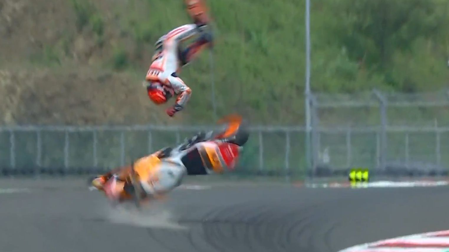 Marc Marquez experiences a massive highside accident which sees him flung into the air.