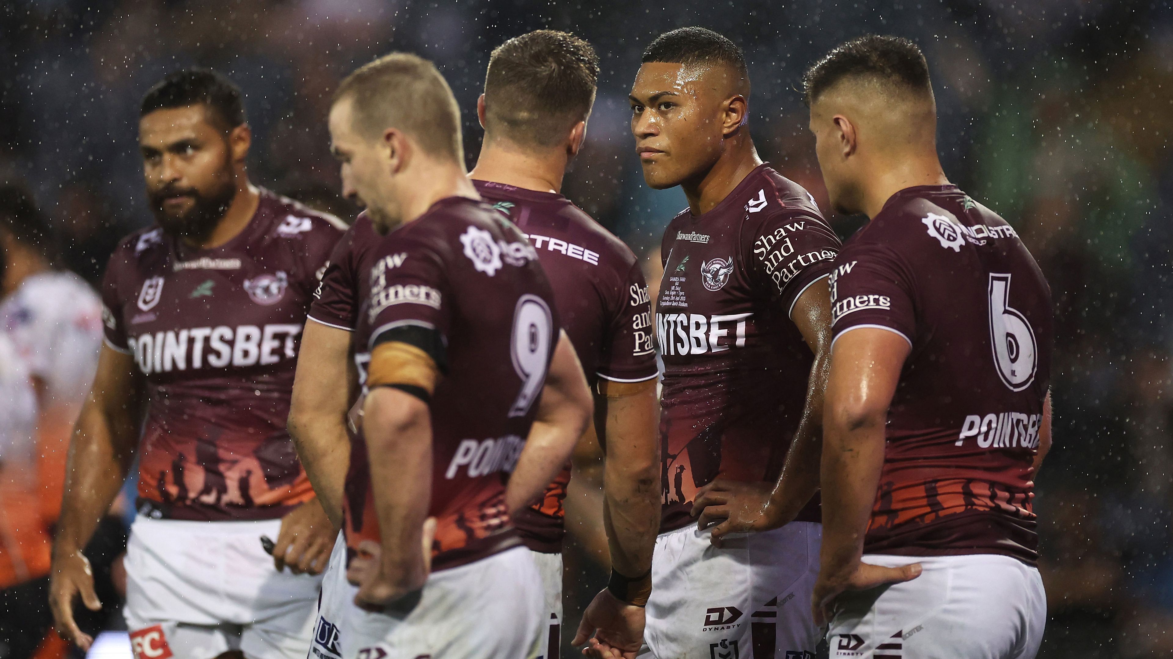 Samuela Fainu looks dejected after a Tigers try during their clash with Manly at Campbelltown Stadium on April 23, 2023.