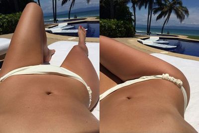 Kim Kardashian posted these sexy bikini snaps to her Instagram captioned: "Tan time!"