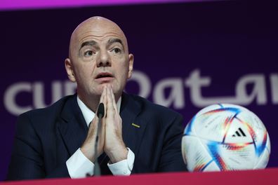 DOHA, QATAR - NOVEMBER 19: FIFA President Gianni Infantino speaks during the FIFA President Press Conference at Virtual Stadium 1 at MMC on November 19, 2022 in Doha, Qatar. (Photo by Maja Hitij - FIFA/FIFA via Getty Images)