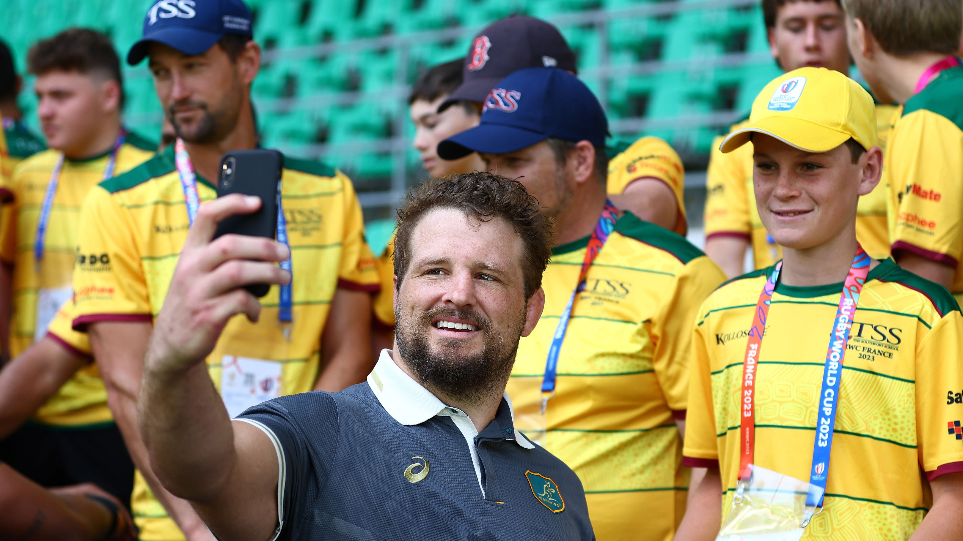 James Slipper of the Wallabies with fans at Stade Geoffroy-Guichard.