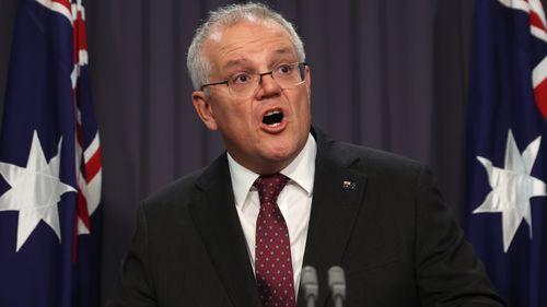 Prime Minister Scott Morrison during a press conference at Parliament House in Canberra 
