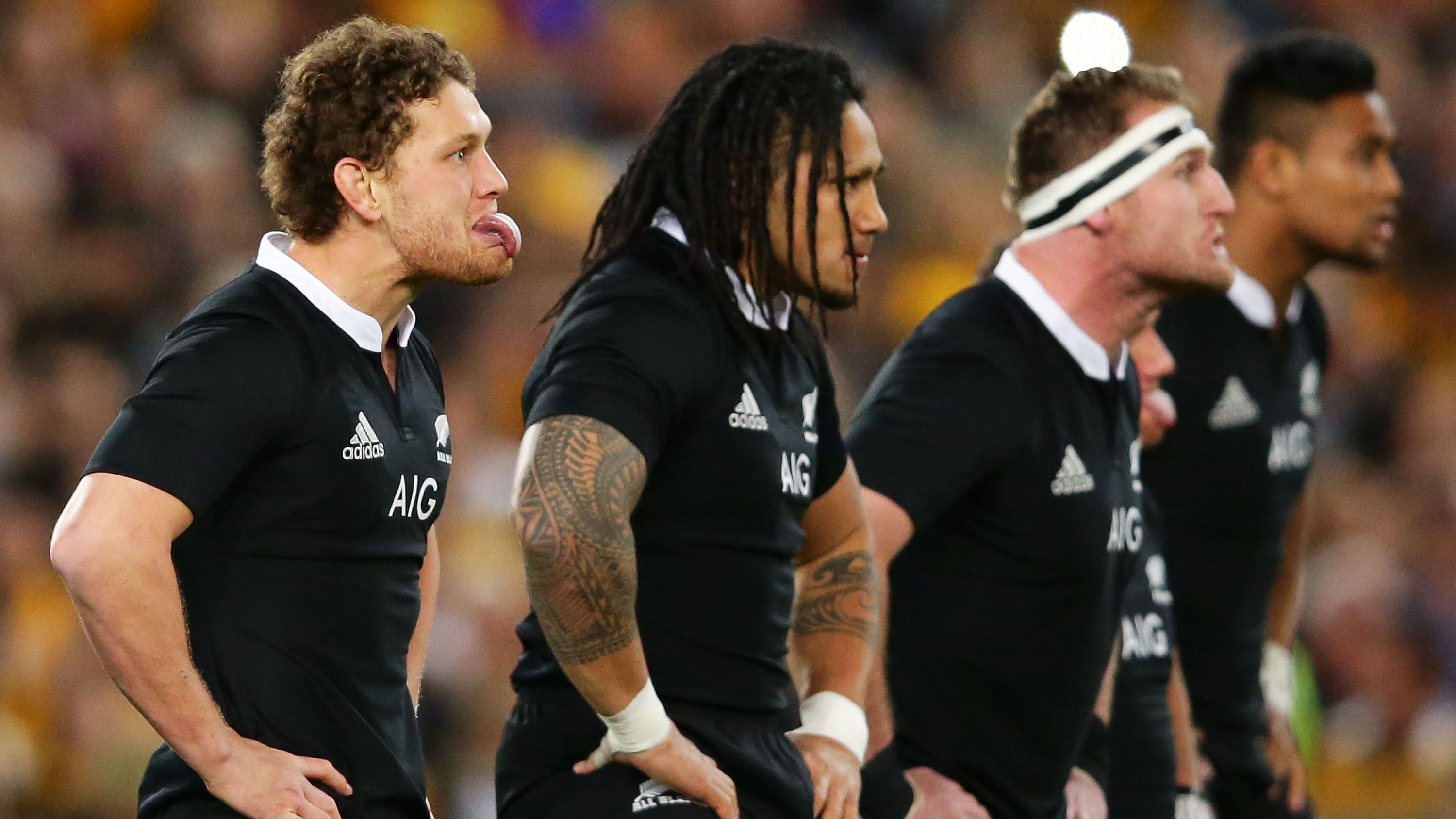 Tawera Kerr-Barlow of the All Blacks performs the haka.