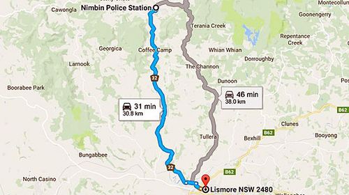 The 30 minute journey from Nimbin Police Station to Lismore. (Google Maps)