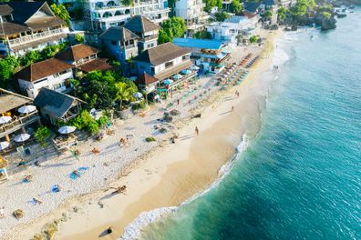 Warungs, cafes and bars on the Bingin Beach, view from above. Bali