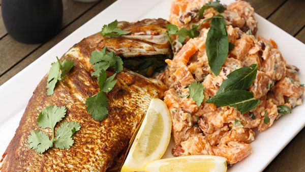 Barbecue Moroccan whole snapper with herbed sweet potato salad