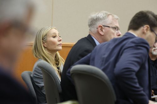 Gwyneth Paltrow sits in court during an objection in her trial, Thursday, March 23, 2023, in Park City, Utah, where she is accused in a lawsuit of crashing into a skier during a 2016 family ski vacation, leaving him with brain damage and four broken ribs. Terry Sanderson claims that the actor-turned-lifestyle influencer was cruising down the slopes so recklessly that they violently collided, leaving him on the ground as she and her entourage continued their descent down Deer Valley Resort, a ski