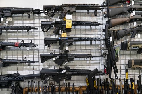 AR-15-style rifles on display at a California gunstore.