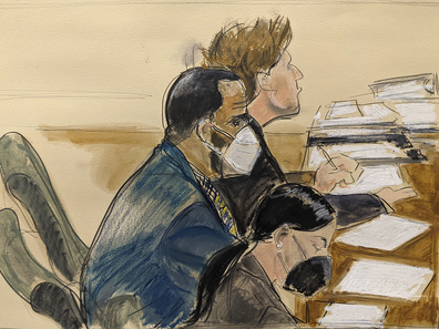 In this courtroom artist's sketch R. Kelly, left, listens during his trial in New York, Thursday, Aug. 26, 2021. The 54-year-old Kelly has repeatedly denied accusations that he preyed on several alleged victims during a 30-year career highlighted by his mega hit 'I Believe I Can Fly'.