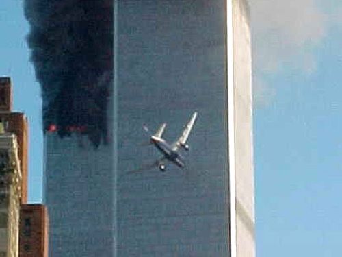 A jet airliner is lined up on one of the World Trade Center towers in New York. In the most devastating terrorist attack ever waged against the United States, knife-wielding hijackers crashed two airliners into the World Trade Center.