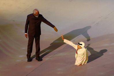 US actor Morgan Freeman and Qatari YouTuber Ghanim al Muftah during the opening ceremony of the FIFA World Cup, 2022.