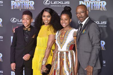 Angela Bassett husband Courtney B. Vance and their twins Slater and Bronwyn attend the Premiere Of Disney And Marvel's "Black Panther" in 2018.