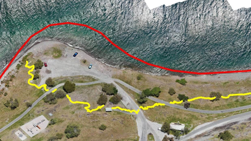 GNS Science says a possible underwater landslide occurred at Wharewaka Point, causing 170m of the shoreline to subside into the lake, with a maximum retreat of up to 20m. 
