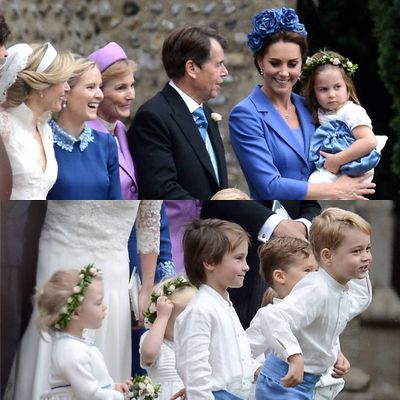 While Prince George, 5, melted hearts in his pageboy costume and Princess Charlotte, 3, looked adorable in her pearly white bridesmaid outfit, it was Kate Middleton that stole the show. The Duchess donned a blue coatdress by&nbsp;Catherine Walker &amp; Co and matching floral headpiece.