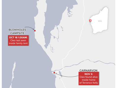 Map shows where Cleo Smith was taken and found.