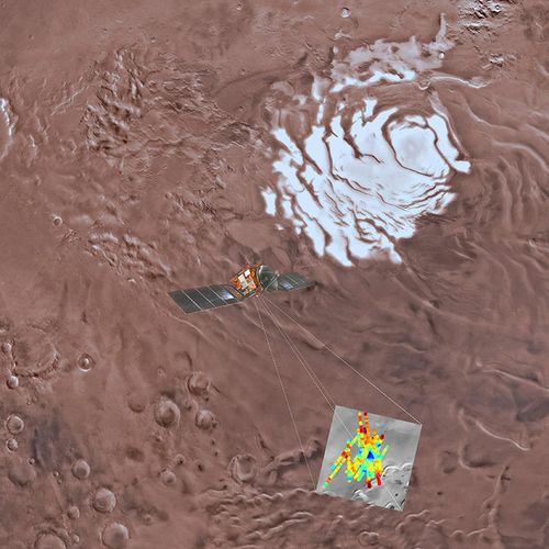 A provided image shows an artist's impression of the Mars Express spacecraft probing the southern hemisphere of the red planet. At the upper right is the planet's southern ice cap. The inset image (bottom right) shows the area where radar readings were made. The blue triangle indicates an area of very high reflectivity, interpreted as being caused by the presence of a reservoir of water, about a mile below the surface. (AAP)