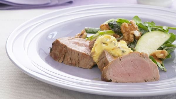 Pork fillet with garlic anchovy butter and Waldorf
