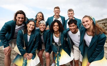 Members of the Australian Olympic team pose for media at Clovelly Surf Club.