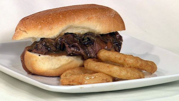 Roast beef roll with onion rings