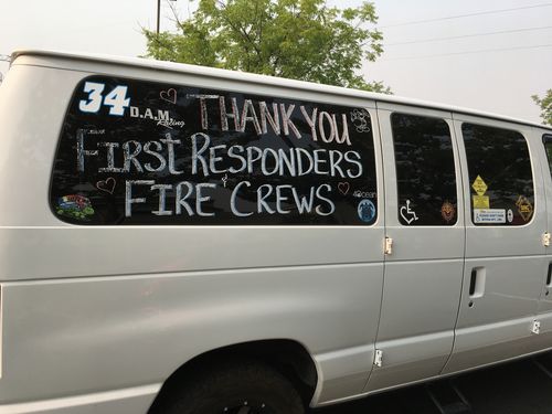 A thank you to fire crews and first responders is shown on a van in Redding. Picture: AP