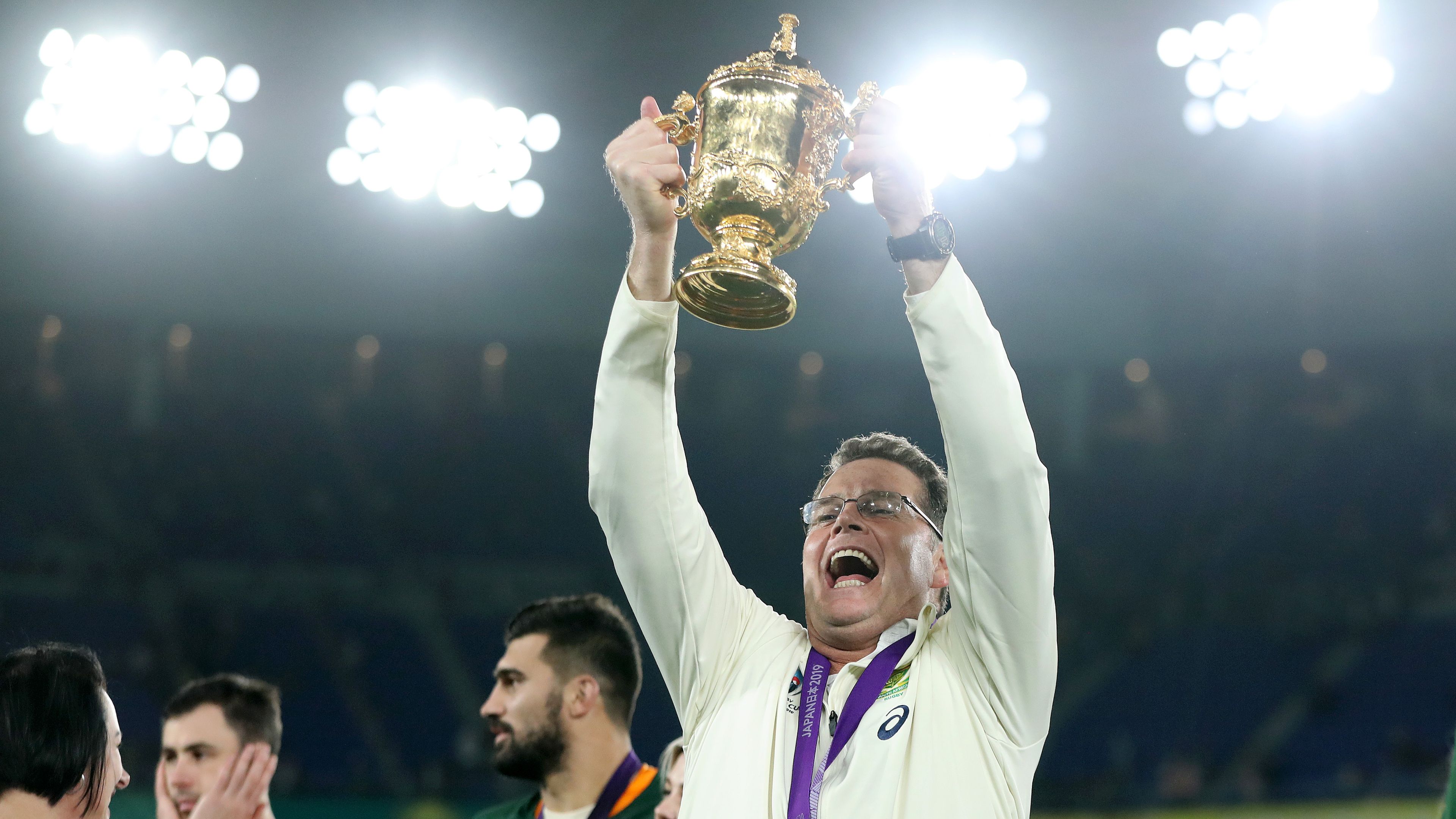 Rassie Erasmus celebrates victory in the 2019 Rugby World Cup.