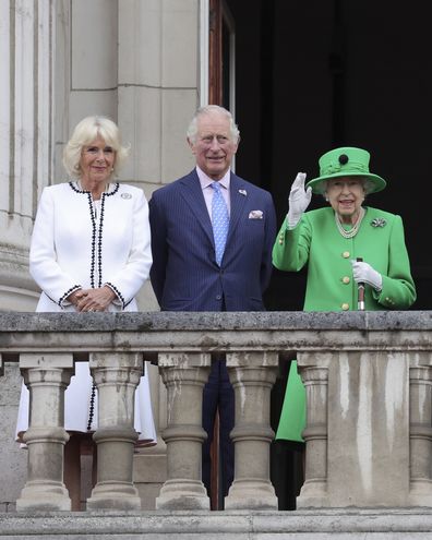 Britain's Camilla, Duchess of Cornwall, Prince Charles and Queen Elizabeth II, stand on the balcony of Buckingham Palace, at the end of the Platinum Jubilee Pageant, in London, Sunday June 5, 2022, on the last of four days of celebrations to mark the Platinum Jubilee. 