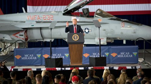 Mr Trump addresses members of the military at the Marine Corps Air Station Miramar in San Diego, California. (AP)