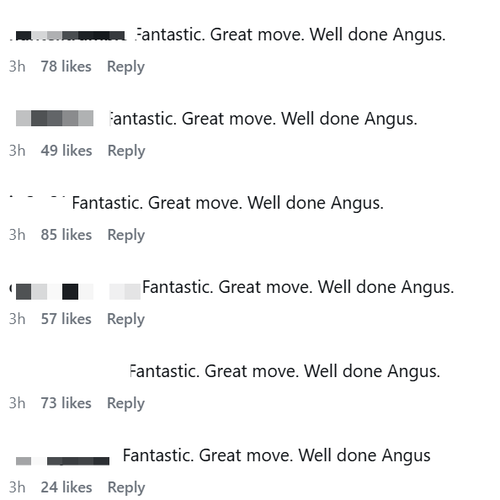 Comentários de Angus Taylor nas redes sociais