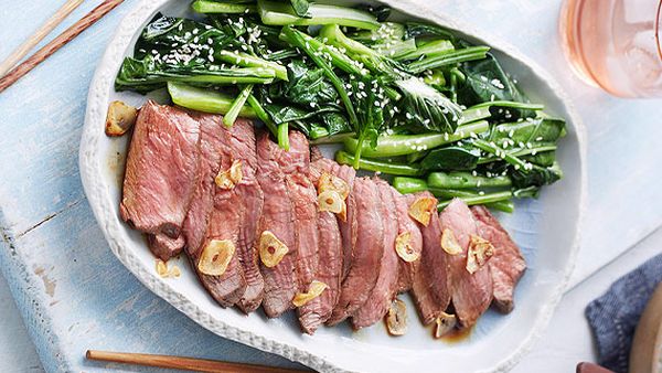 Adam Liaw's teriyaki steak with buttered Asian greens