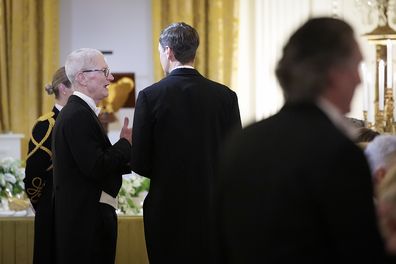 Tim Cook speaks with Jared Kushner, President Donald Trump's son-in-law, during the state dinner hosted by President Trump and First Lady Melania Trump for King Charles and Queen Camilla on April 28, 2026.