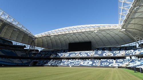 Minister for Enterprise, Investment and Trade, Tourism and Sport and Western Sydney Stuart Ayres announces a major construction milestone at Sydney's new world-class Allianz Stadium. August 2, 2022. Photo: Rhett Wyman/SMH