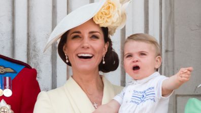 Prince Louis, Princess Charlotte and Catherine, Duchess of Cambridge appear on the balcony during Trooping The Colour, the Queen's annual birthday parade, on June 08, 2019 in London, England