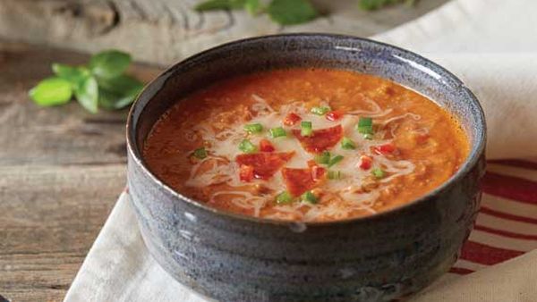 Pepperoni and sausage pizza soup