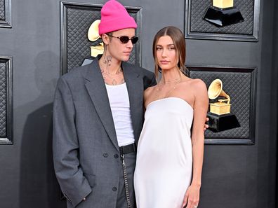 Justin Bieber and Hailey Bieber attend the 64th Annual GRAMMY Awards at MGM Grand Garden Arena on April 03, 2022 in Las Vegas, Nevada. 