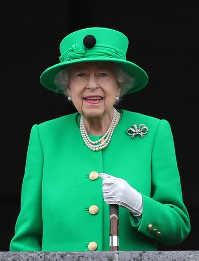 Queen Elizabeth II smiles on the balcony during the Platinum Pageant on June 05, 2022 in London, England.  