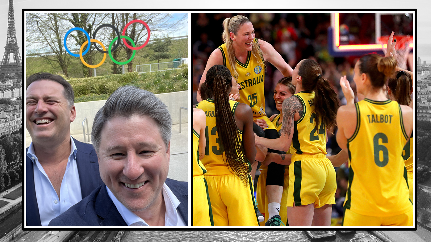 Karl Stefanovic with Mike Sneesby on their visit to the IOC in Switzerland (left) and Lauren Jackson&#x27;s Opals (right).