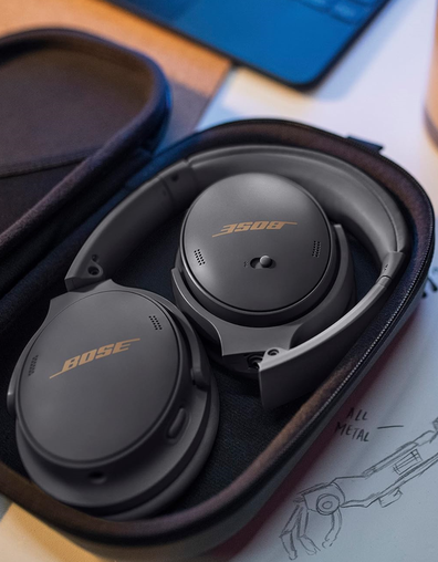 9PR: A close-up of the Bose QuietComfort 45 Noise Cancelling Headphones in their travel case