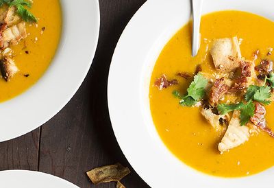 Recipe: <a href="http://kitchen.nine.com.au/2016/05/05/14/19/korma-and-butternut-soup-with-crispy-bacon-and-sesame-naan-croutons" target="_top">Korma and butternut soup with crispy bacon and sesame naan croutons</a>