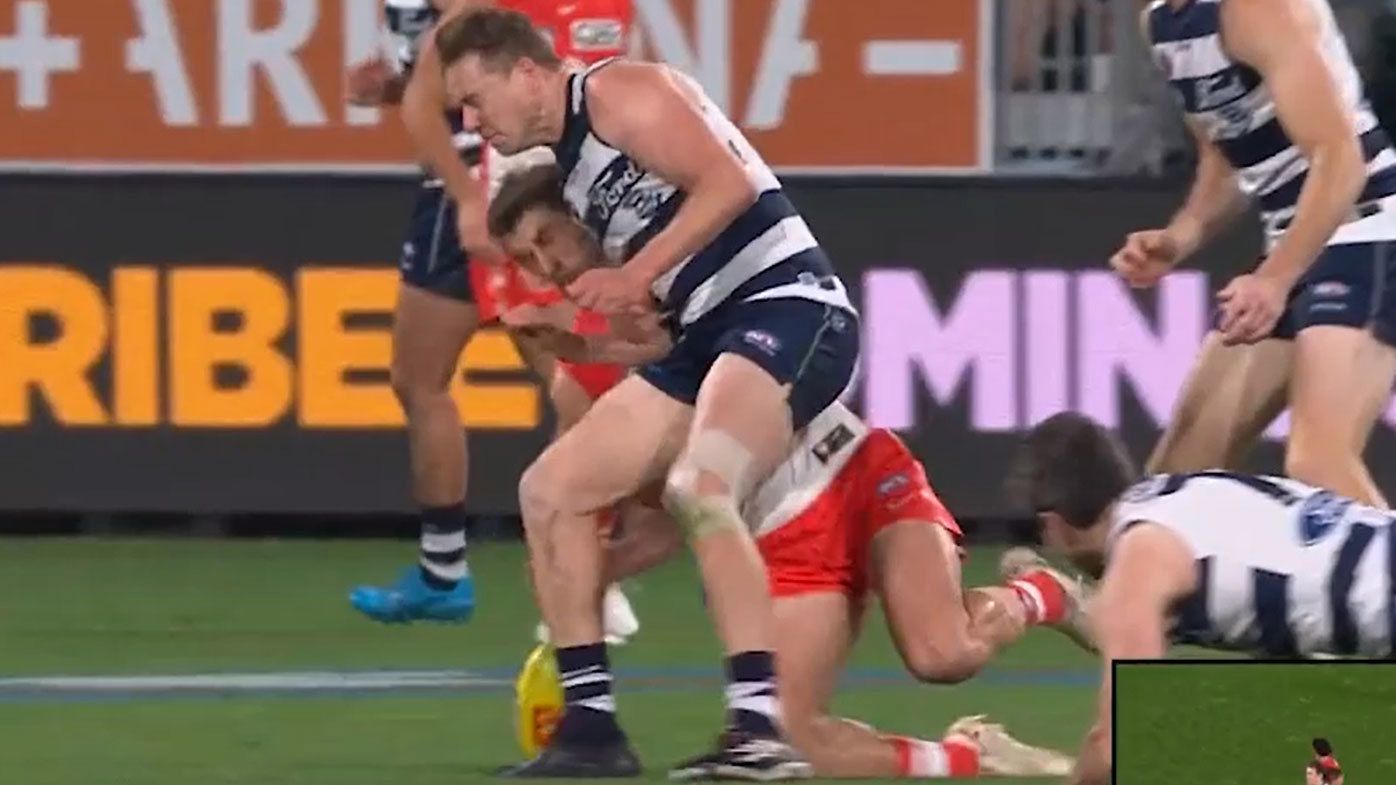 Geelong star Mitch Duncan faces a nervous wait after this bump on Sydney&#x27;s Robbie Fox