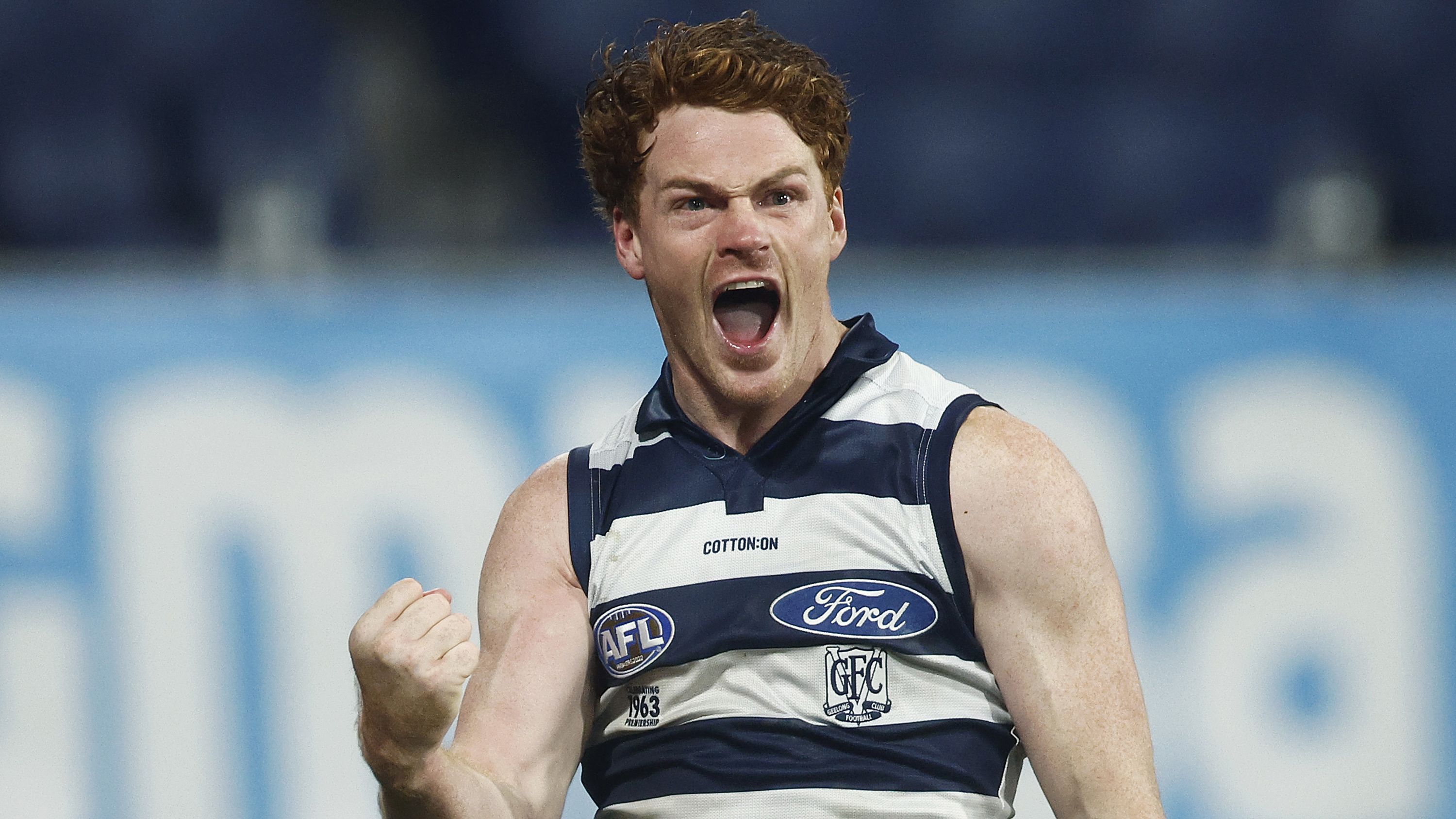 GEELONG, AUSTRALIA - JUNE 22: Gary Rohan of the Cats celebrates kicking a goal during the round 15 AFL match between Geelong Cats and Melbourne Demons at GMHBA Stadium, on June 22, 2023, in Geelong, Australia. (Photo by Daniel Pockett/Getty Images)