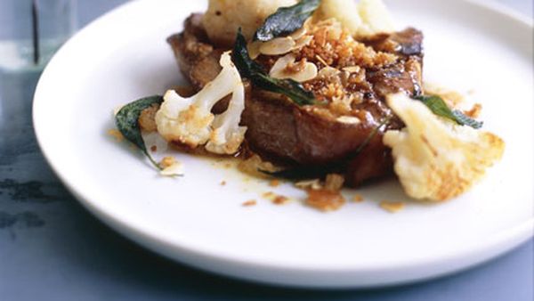 Veal T-bones with anchovy crumbs, cauliflower and sage