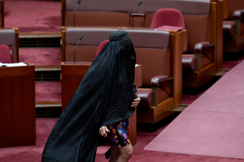 Senator Pauline Hanson wears a burqa in the Senate at Parliament House in Canberra on November 24, 2025. fedpol Photo: Dominic Lorrimer

