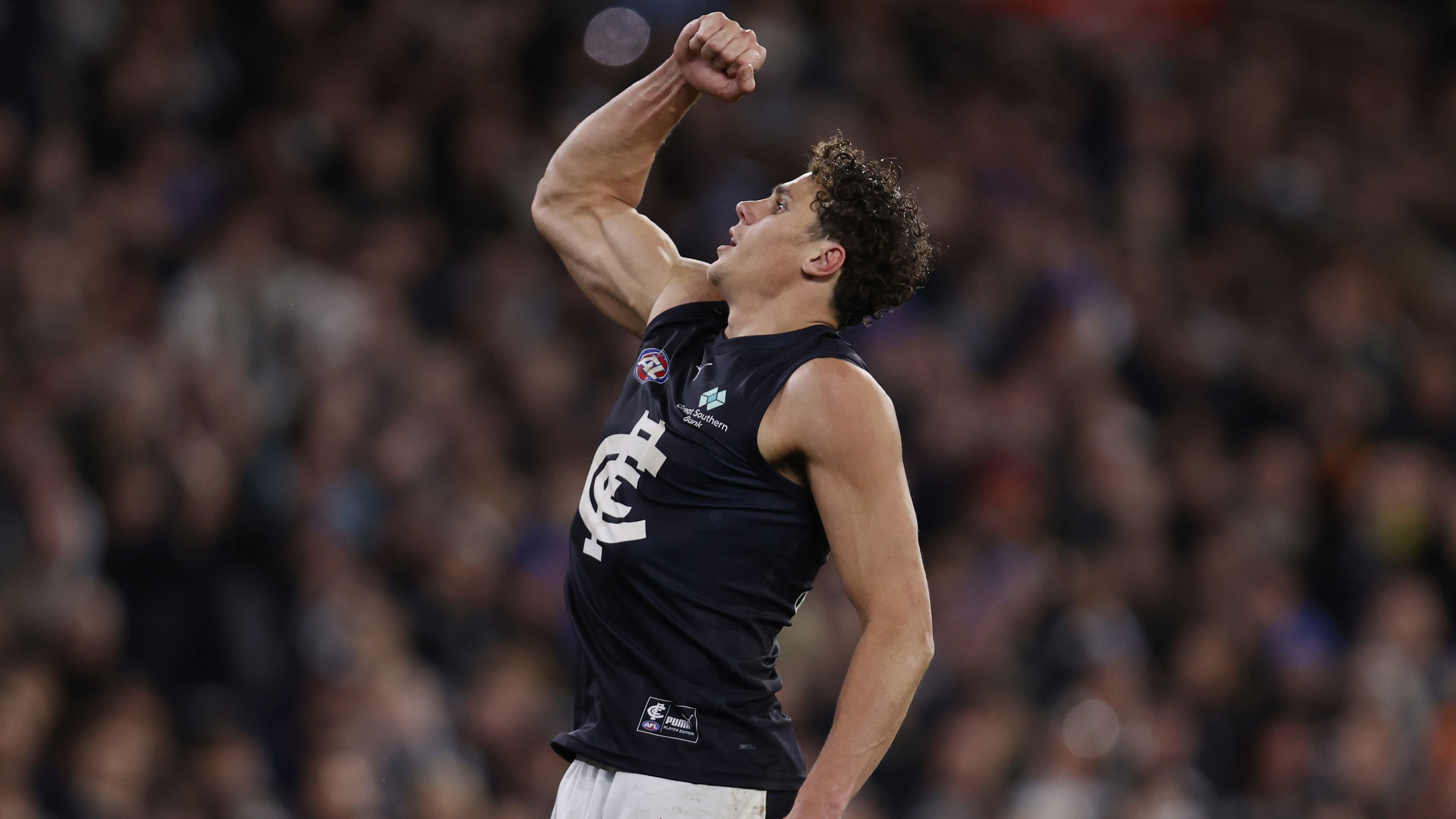 MELBOURNE, AUSTRALIA - JULY 28: Charlie Curnow of the Blues celebrates a goal  during the round 20 AFL match between Collingwood Magpies and Carlton Blues at Melbourne Cricket Ground, on July 28, 2023, in Melbourne, Australia. (Photo by Darrian Traynor/Getty Images)