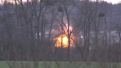 An explosion occurs at the French paper factory where the two Charlie Hebdo suspects were holed up. (Supplied)