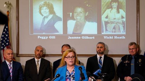 Kim Gilbert Wright, daughter of Jeanne Gilbert, speaks after the Indiana State announced the identity of the suspect in the "Days Inn" cold case murders during a press conference in Indianapolis, Tuesday, April 5, 2022. Jeanne Gilbert was one of three women killed from 1987 to 1989. Police identified the suspect as Harry Edward Greenwell more than 30 years after three women were killed and another assaulted using investigative genealogy. 