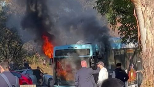More than 20 students were onboard a bus when it caught fire out the front of two schools in Sydney's south this afternoon.