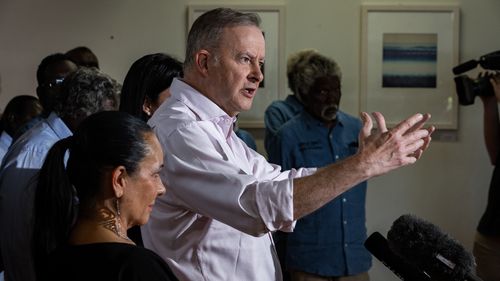 Australian Prime Minister Anthony Albanese addresses the press at a press conference during Garma Festival 2023.