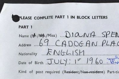 The job contract, believed to be Princess Diana's first, was filled out when she was just 17.